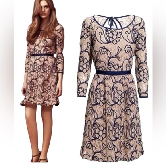 Reiss Esther Blush Pink Navy Blue Embroidered Lace Dress size 8 - Picture 1 of 10